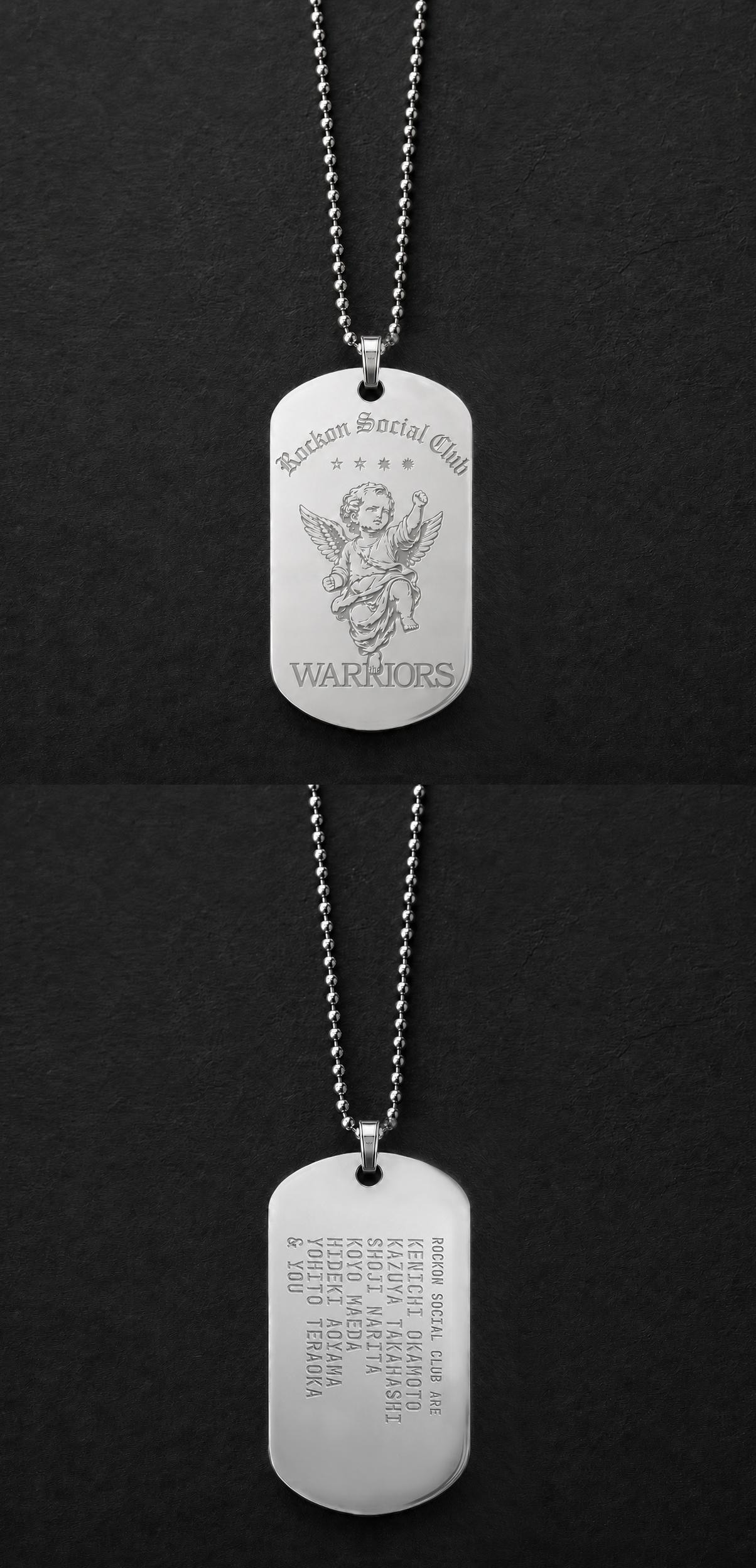 Silver dog tag pendant on a ball-chain necklace featuring an engraved angel with wings and the word 'WARRIORS' at the bottom; 'Rock on' theme text above.